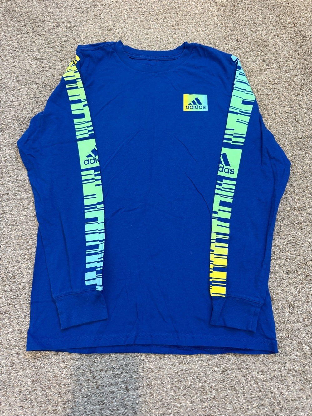adidas Blue Long-Sleeve Tee with Neon Accent Stripes